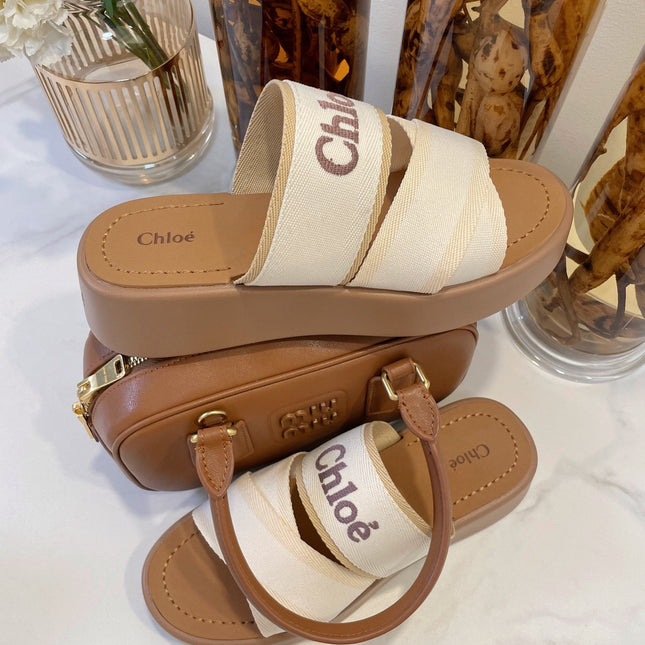 WOODY WEDGE SANDALS IN WHITE CANVAS WITH CIDER BROWN RUBBER SOLE