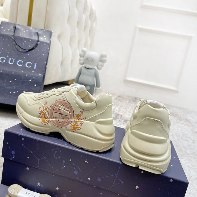 GG RHYTON TRAINER WHITE LAMBSKIN WITH FIRE MOTIF