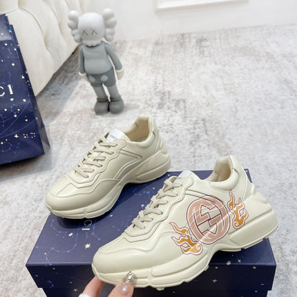 GG RHYTON TRAINER WHITE LAMBSKIN WITH FIRE MOTIF