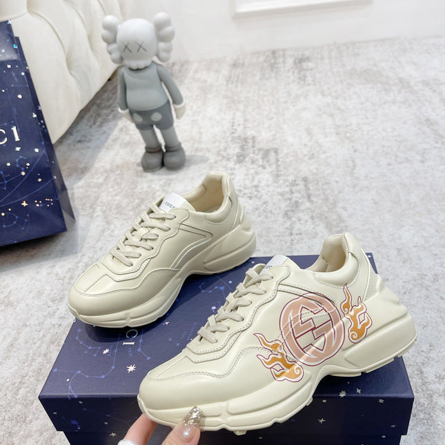 GG RHYTON TRAINER WHITE LAMBSKIN WITH FIRE MOTIF