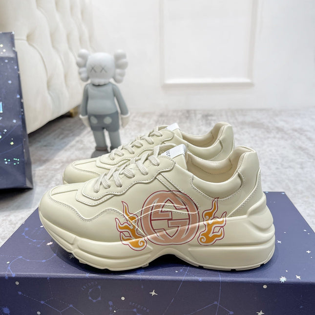 GG RHYTON TRAINER WHITE LAMBSKIN WITH FIRE MOTIF