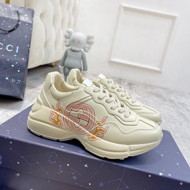 GG RHYTON TRAINER WHITE LAMBSKIN WITH FIRE MOTIF