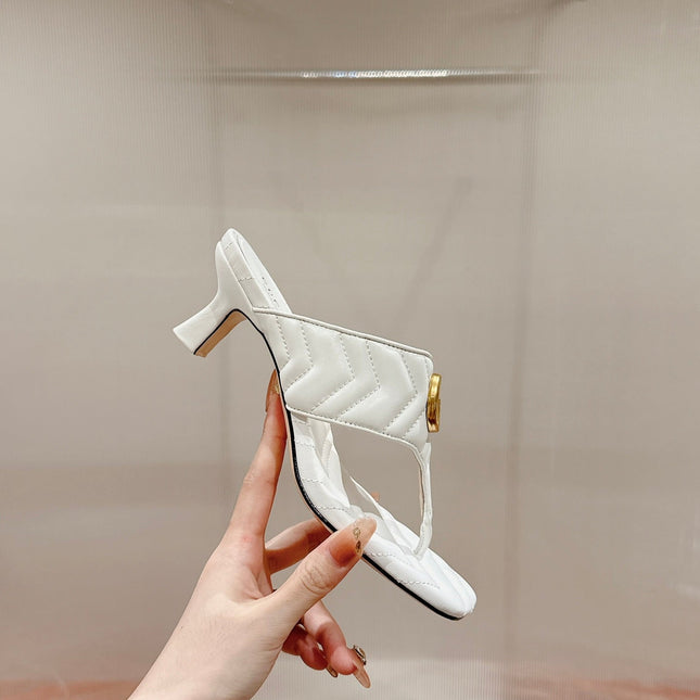HIGH THONG MULE 55MM IN WHITE CALFSKIN WITH GOLD HARDWARE