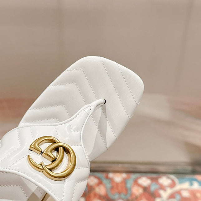 HIGH THONG MULE 55MM IN WHITE CALFSKIN WITH GOLD HARDWARE