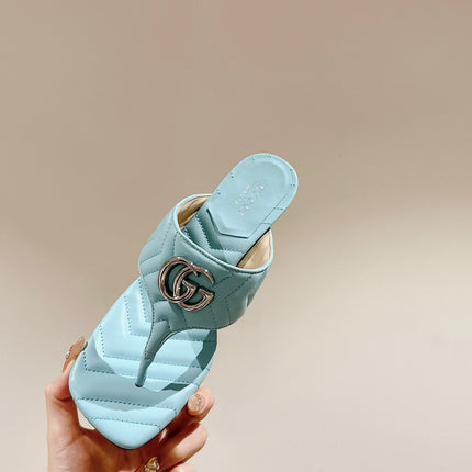 HIGH THONG MULE 55MM IN SKY BLUE CALFSKIN WITH GOLD HARDWARE