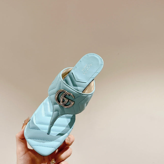 HIGH THONG MULE 55MM IN SKY BLUE CALFSKIN WITH GOLD HARDWARE