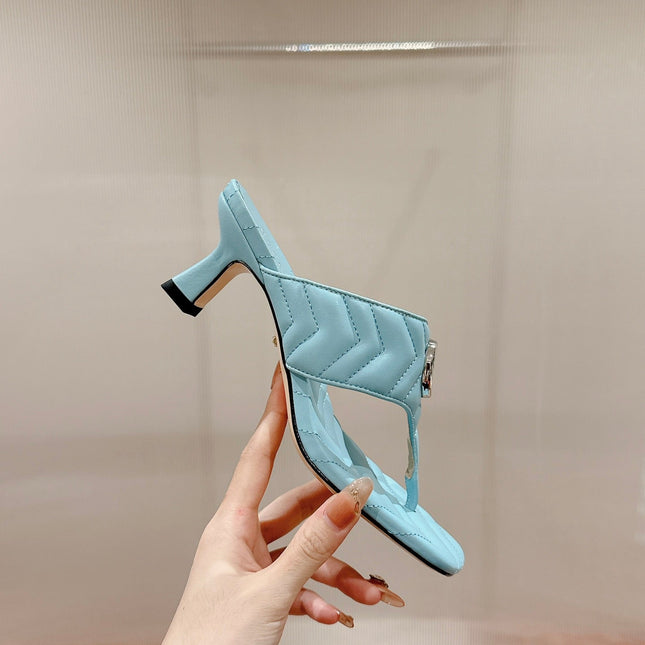 HIGH THONG MULE 55MM IN SKY BLUE CALFSKIN WITH GOLD HARDWARE