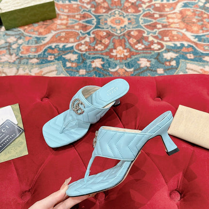 HIGH THONG MULE 55MM IN SKY BLUE CALFSKIN WITH GOLD HARDWARE