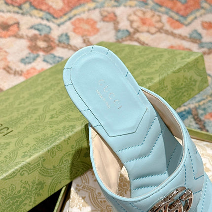 HIGH THONG MULE 55MM IN SKY BLUE CALFSKIN WITH GOLD HARDWARE