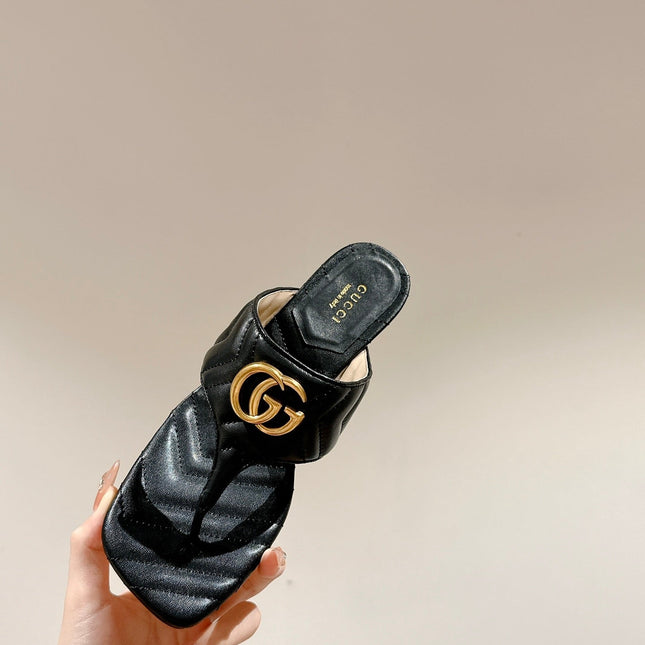 HIGH THONG MULE 55MM IN BLACK CALFSKIN WITH GOLD HARDWARE