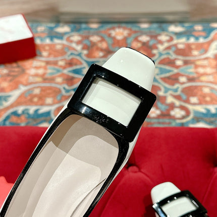 TROMPETTE BALLERINAS IN WHITE SHINY CALFSKIN BLACK SQUARE BUCKLE