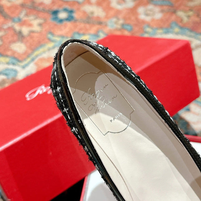 TROMPETTE BALLERINAS IN BLACK TWEED WITH WHITE STRIPES