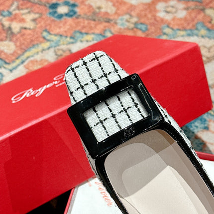 TROMPETTE BALLERINAS IN WHITE TWEED WITH BLACK STRIPES