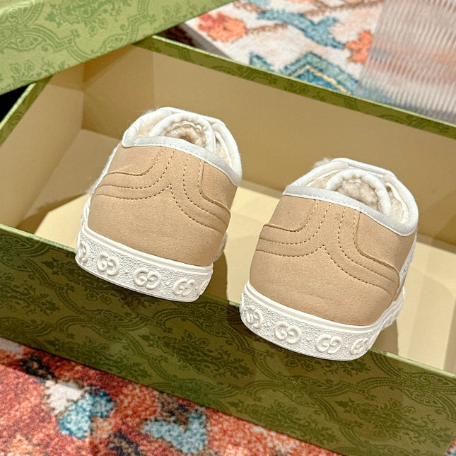 GG CANVAS SNEAKER IN CAMEL BROWN DENIM WITH BEIGE FLEECE LINING