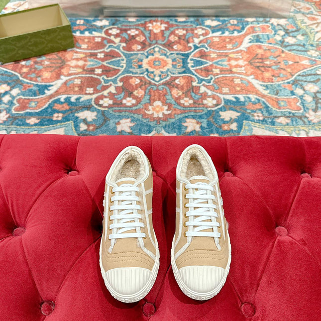 GG CANVAS SNEAKER IN CAMEL BROWN DENIM WITH BEIGE FLEECE LINING