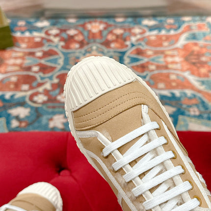 GG CANVAS SNEAKER IN CAMEL BROWN DENIM WITH BEIGE FLEECE LINING