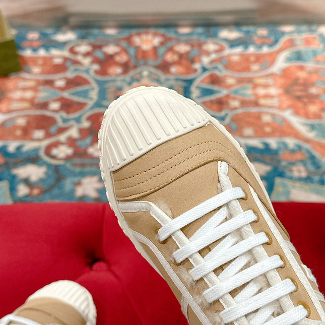 GG CANVAS SNEAKER IN CAMEL BROWN DENIM WITH BEIGE FLEECE LINING