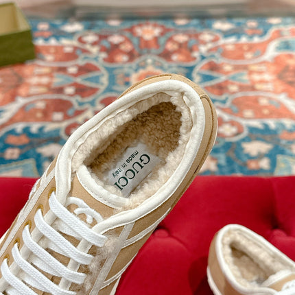 GG CANVAS SNEAKER IN CAMEL BROWN DENIM WITH BEIGE FLEECE LINING