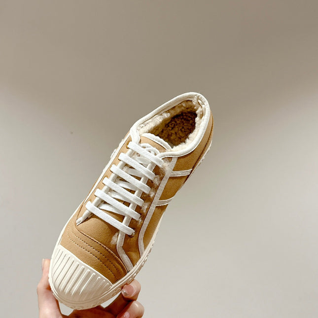 GG CANVAS SNEAKER IN CAMEL BROWN DENIM WITH BEIGE FLEECE LINING