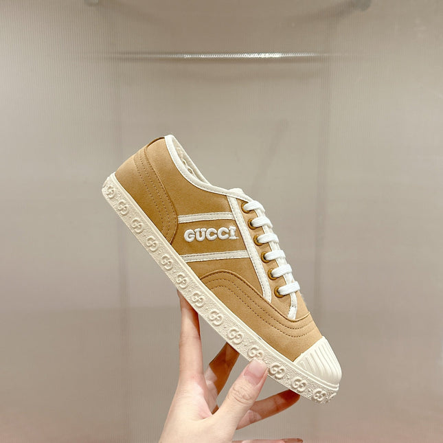GG CANVAS SNEAKER IN CAMEL BROWN DENIM WITH BEIGE FLEECE LINING