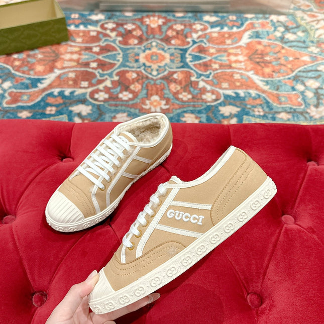 GG CANVAS SNEAKER IN CAMEL BROWN DENIM WITH BEIGE FLEECE LINING
