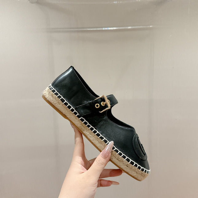 GG CROSS STRAP FLAT SHOES IN BLACK CALFSKIN WITH STRAW SOLE