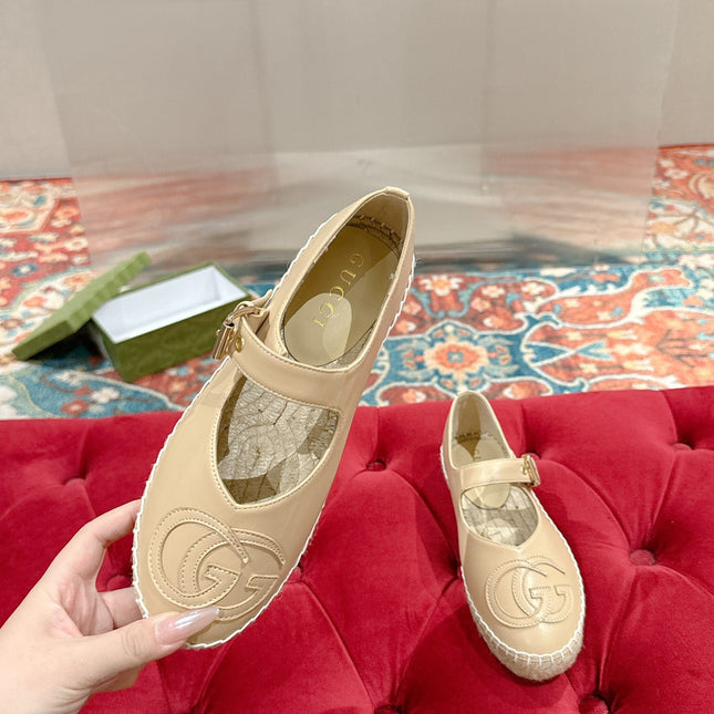 GG CROSS STRAP FLAT SHOES IN BEIGE CALFSKIN WITH STRAW SOLE