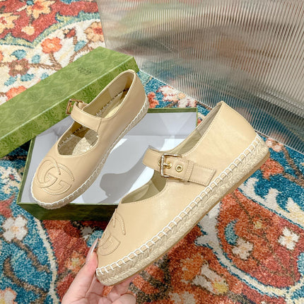 GG CROSS STRAP FLAT SHOES IN BEIGE CALFSKIN WITH STRAW SOLE
