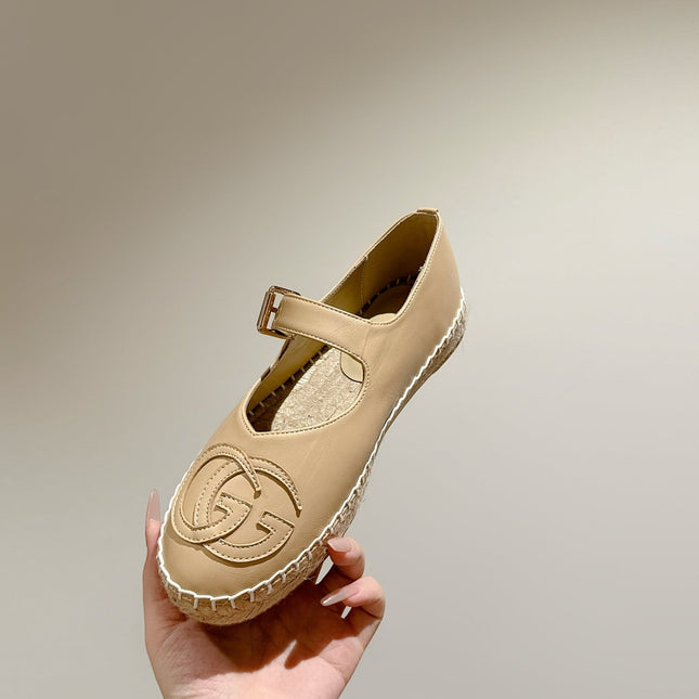GG CROSS STRAP FLAT SHOES IN BEIGE CALFSKIN WITH STRAW SOLE