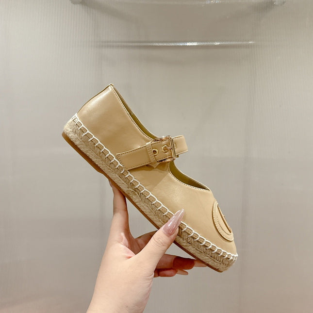 GG CROSS STRAP FLAT SHOES IN BEIGE CALFSKIN WITH STRAW SOLE