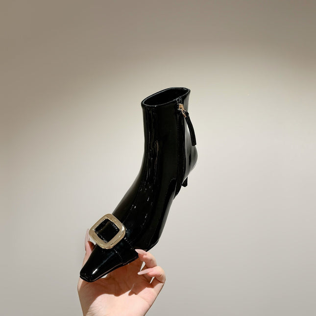 VIV CANARD ANKLE BOOTS IN BLACK PATENT CALFSKIN