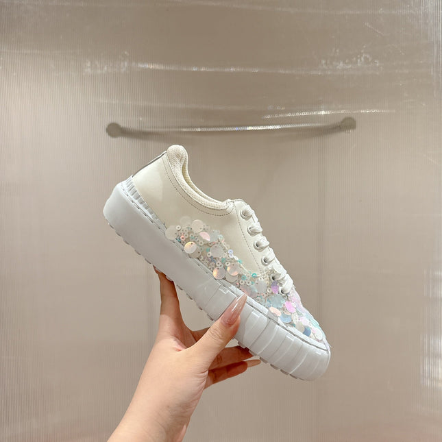 RUNWAY SEQUIN CASUAL SHOES IN WHITE CALFSKIN