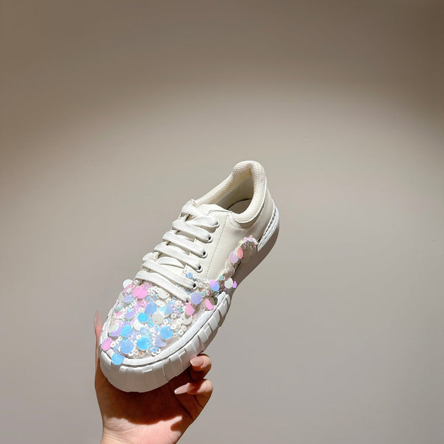 RUNWAY SEQUIN CASUAL SHOES IN WHITE CALFSKIN