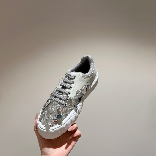 RUNWAY SEQUIN CASUAL SHOES IN PEARL GRAY CALFSKIN