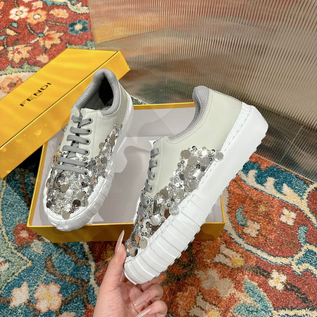 RUNWAY SEQUIN CASUAL SHOES IN PEARL GRAY CALFSKIN