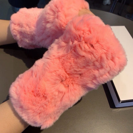 FINGERLESS HALF GLOVES IN ROUGE PINK RABBIT FUR 462276