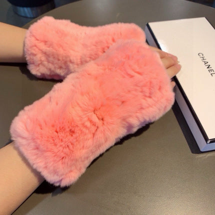 FINGERLESS HALF GLOVES IN ROUGE PINK RABBIT FUR 462276