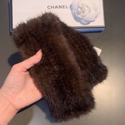 FINGERLESS GLOVES IN GINGERBREAD BROWN RABBIT FUR 462280