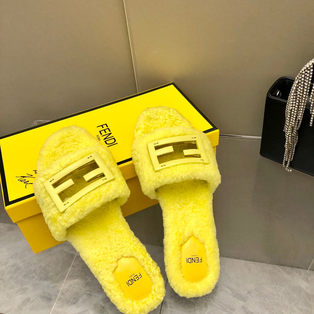FENDI BAGUETTE SLIDE SLIPPERS IN BRIGHT YELLOW WOOL