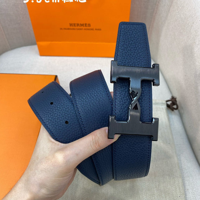 HM H BELT BUCKLE & REVERSIBLE NAVY BLUE STRAP 38MM BLACK HARDWARE