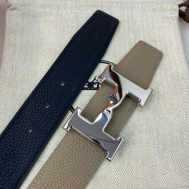 HM H BELT BUCKLE & REVERSIBLE CAMEL BROWN LEATHER STRAP 38MM SILVER HARDWARE