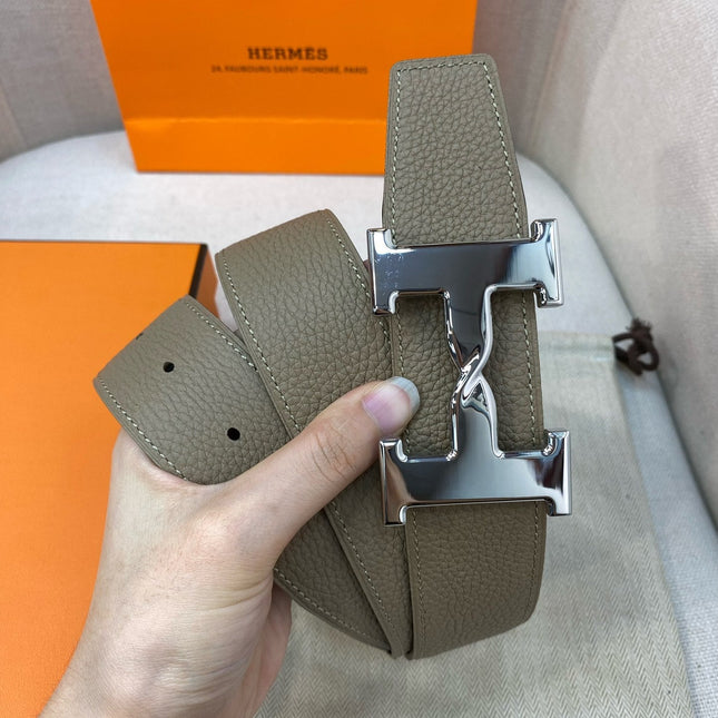 HM H BELT BUCKLE & REVERSIBLE CAMEL BROWN LEATHER STRAP 38MM SILVER HARDWARE