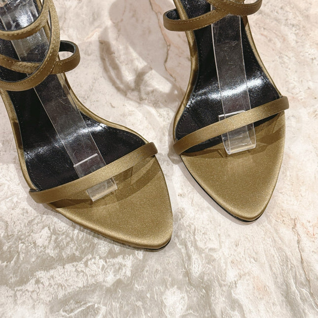 YSL 25S STRAPPY HIGH-HEEL SANDALS 100 MM IN OLIVE GREEN LAMBSKIN