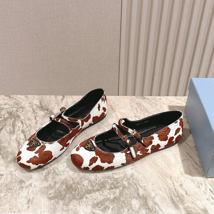 PRADA 25S CRYSTAL EMBELLISHED BALLERINA IN WHITE AND DARK BROWN FUR