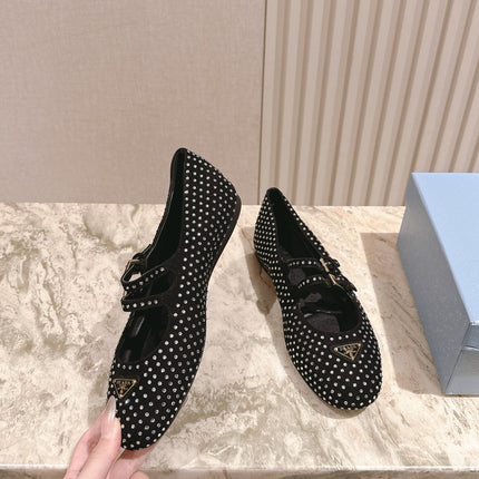 PRADA 25S CRYSTAL EMBELLISHED BALLERINA IN BLACK SUEDE