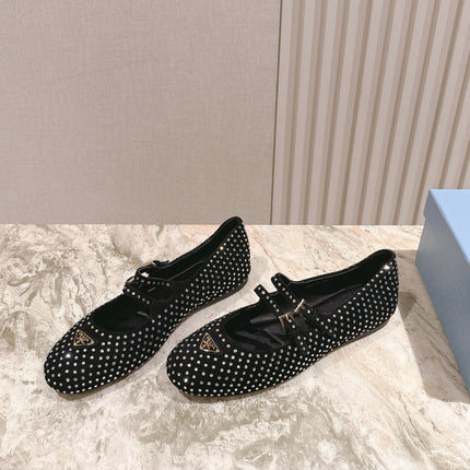 PRADA 25S CRYSTAL EMBELLISHED BALLERINA IN BLACK SUEDE