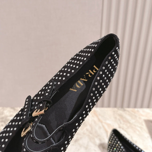 PRADA 25S CRYSTAL EMBELLISHED BALLERINA IN BLACK SUEDE