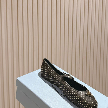 PRADA 25S STUD EMBELLISHED BALLERINA IN BLACK CALFSKIN