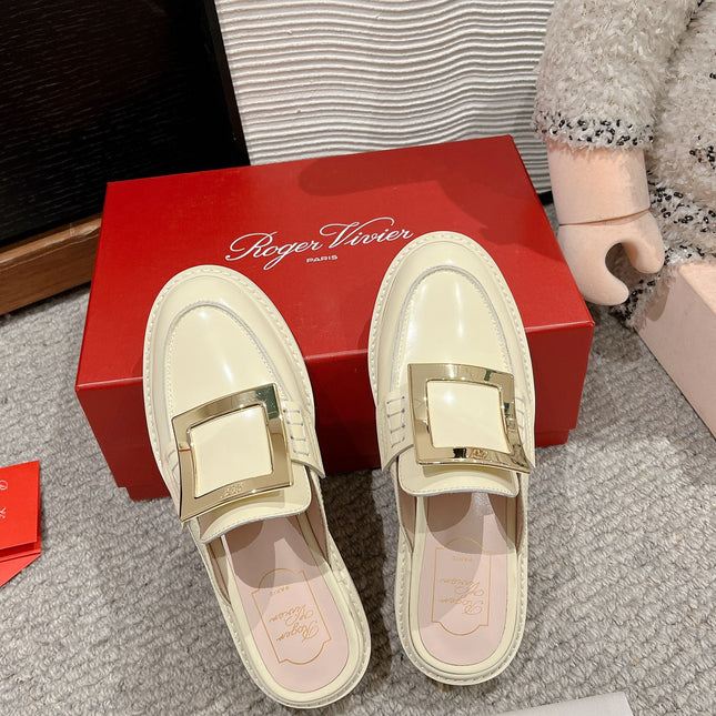 VIV' RANGERS MULES IN CREAM SHINY CALFSKIN GOLD BUCKLE