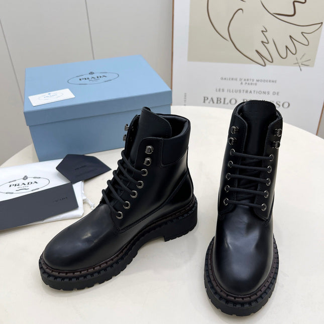 PRADA 25S LACE UP BOOTS BLACK GLOSSY CALFSKIN